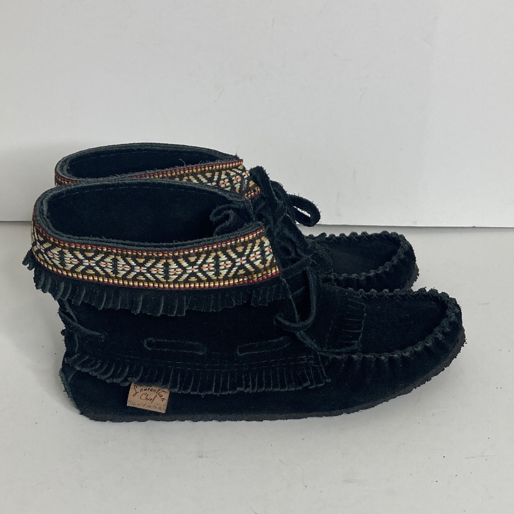 Laurentian Chief Moccasin Booties Womens 6 Black Suede Fringe Embroidered Canada